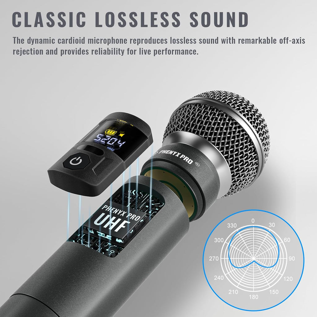 Dual UHF Tunable Frequency Wireless Microphone System PTU-52-2H | 2 Metal Mics, 2 x 30 Frequencies, 200 ft Range