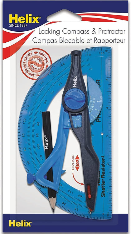 Helix - Compass and Protractor Set - Plastic Locking - 2 Pieces | Ideal for Math Students - Precise Drafting and