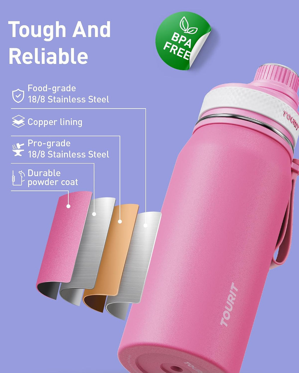 32oz Stainless Steel Wide Mouth Water Bottle, Double-Wall Vacuum Insulation with Spout Lid for Sports and Travel, Pink