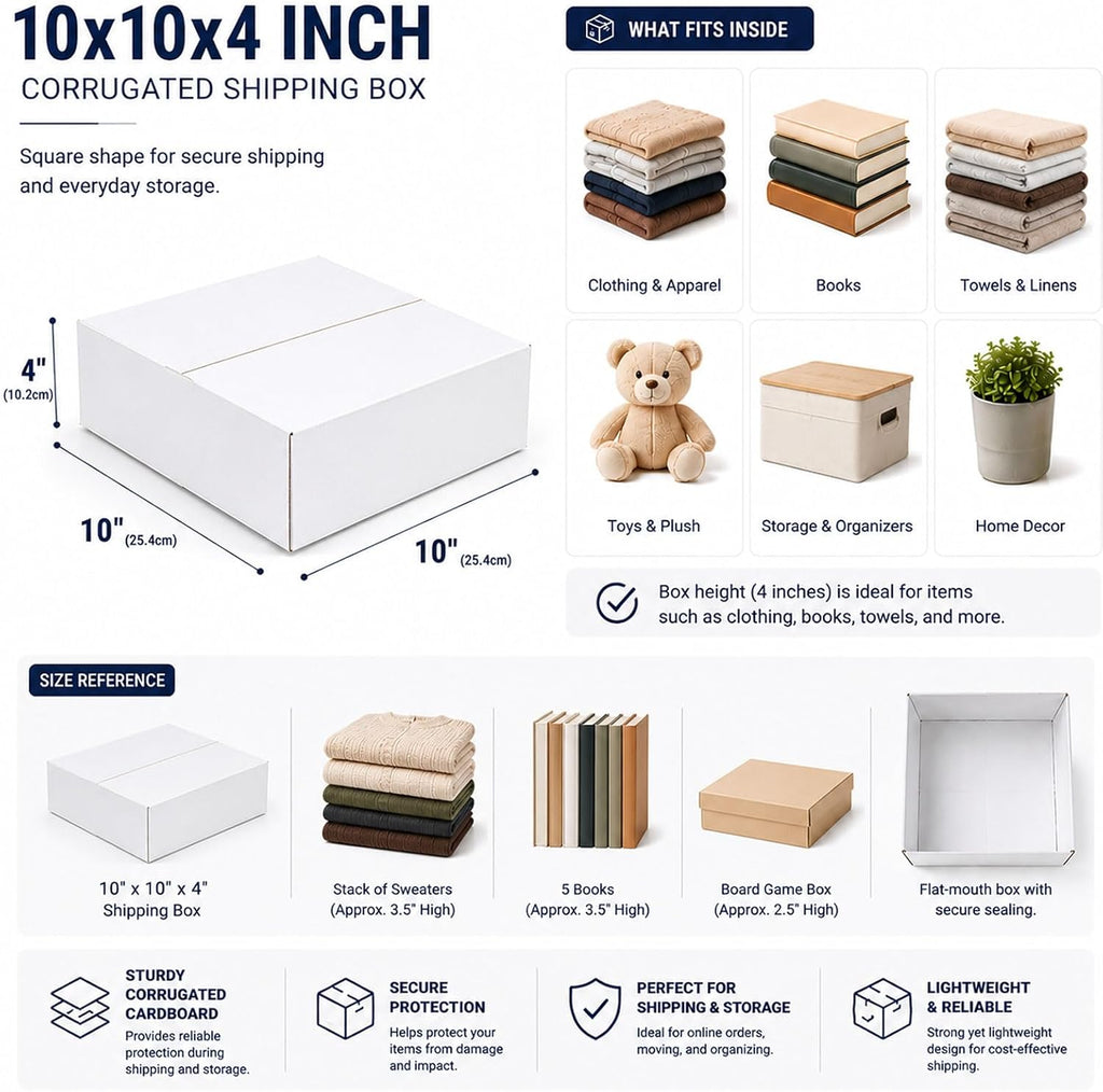 10x10x4 White Shipping Boxes, 25 Pack