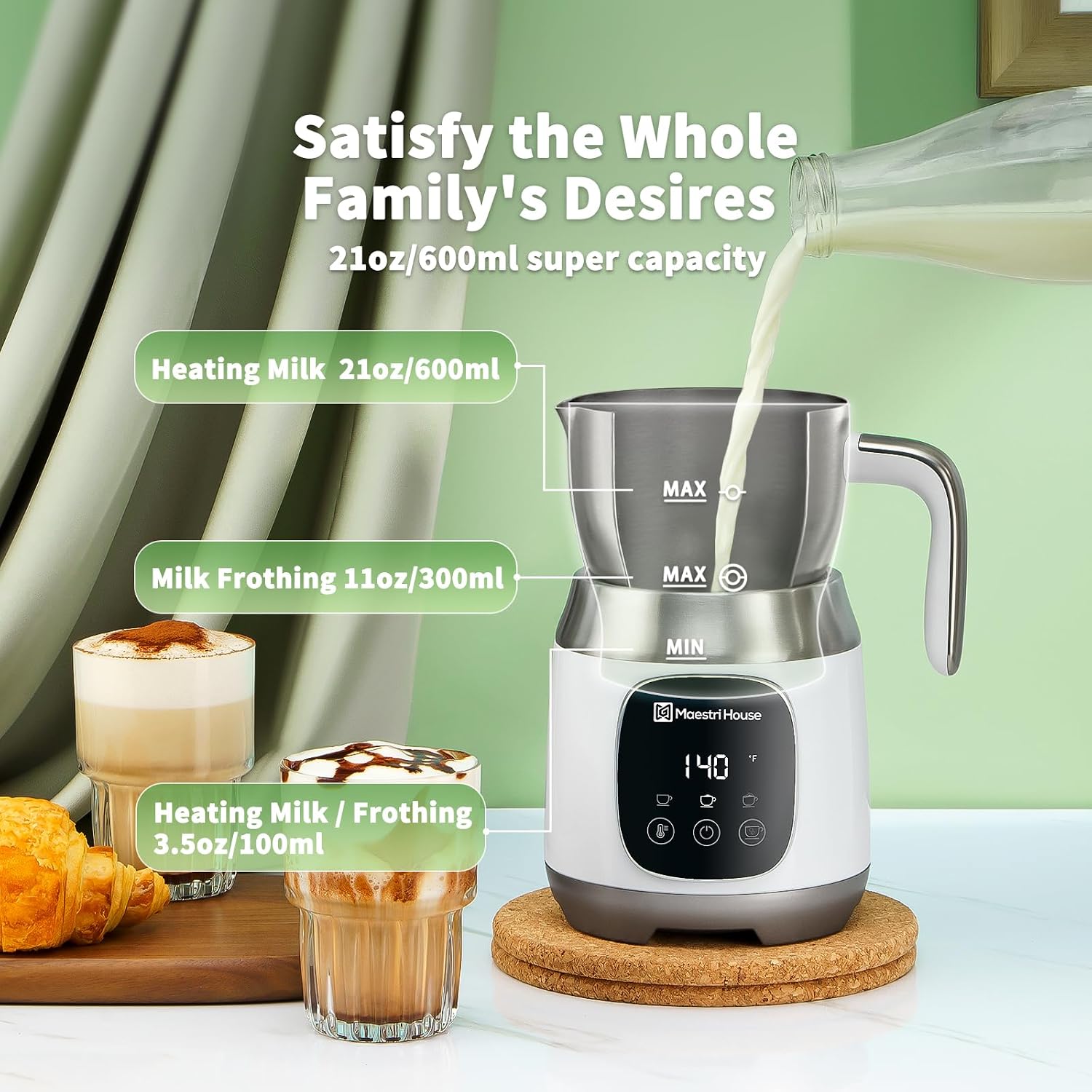 DualFro 600 Milk Frother and Steamer 21oz/600mL | Variable Temp 4 Settings & 3 Froth Levels, Touch Control 6 Presets