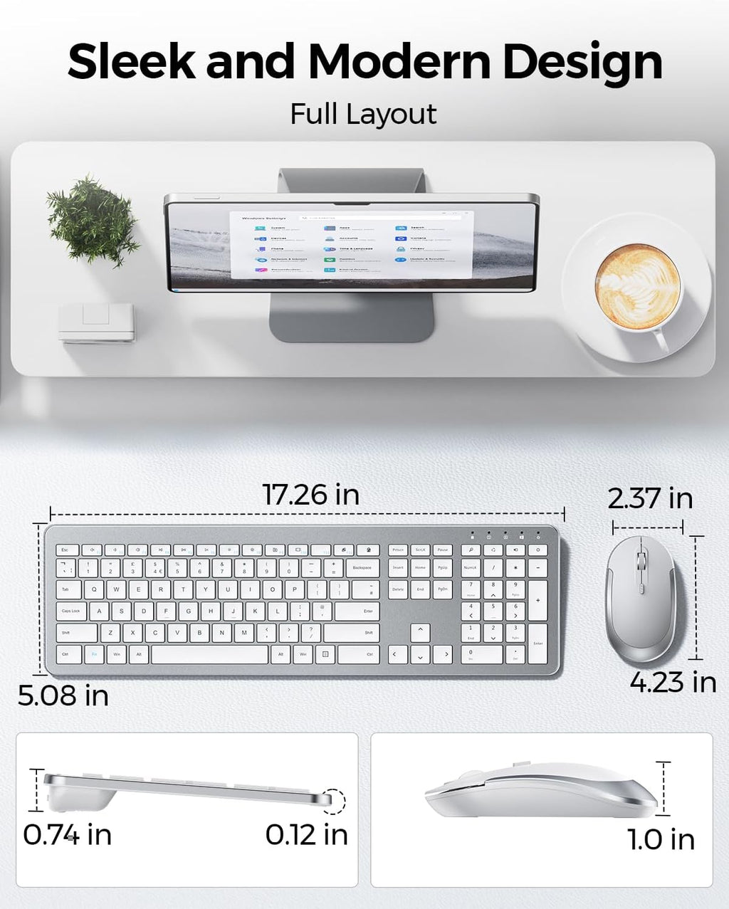 Wireless Keyboard and Mouse Combo, Slim Full-Size Design | Quiet typing and mouse clicks, 2.4G USB receiver, and
