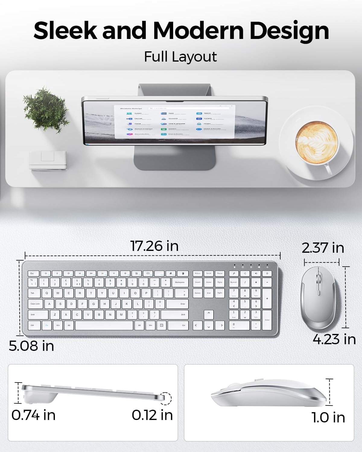 Wireless Keyboard and Mouse Combo, Slim Full-Size Design | Quiet typing and mouse clicks, 2.4G USB receiver, and