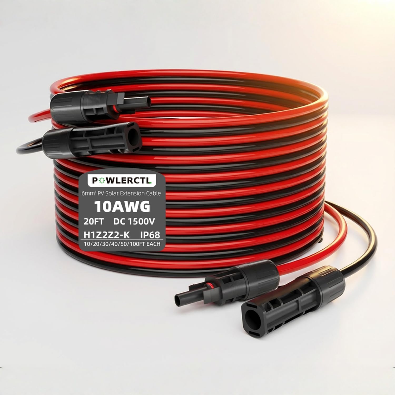 Solar Panel Extension Cable 10 AWG 20Ft 6mm² Wire Gauge Certified PV Cable,100% Tinned Copper with Male and Female
