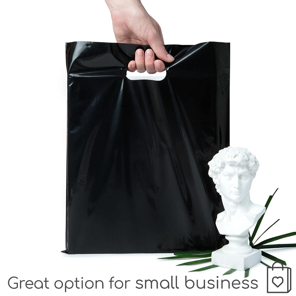 100 Black Plastic Bags With Handles 12x15 Merchandise Bags