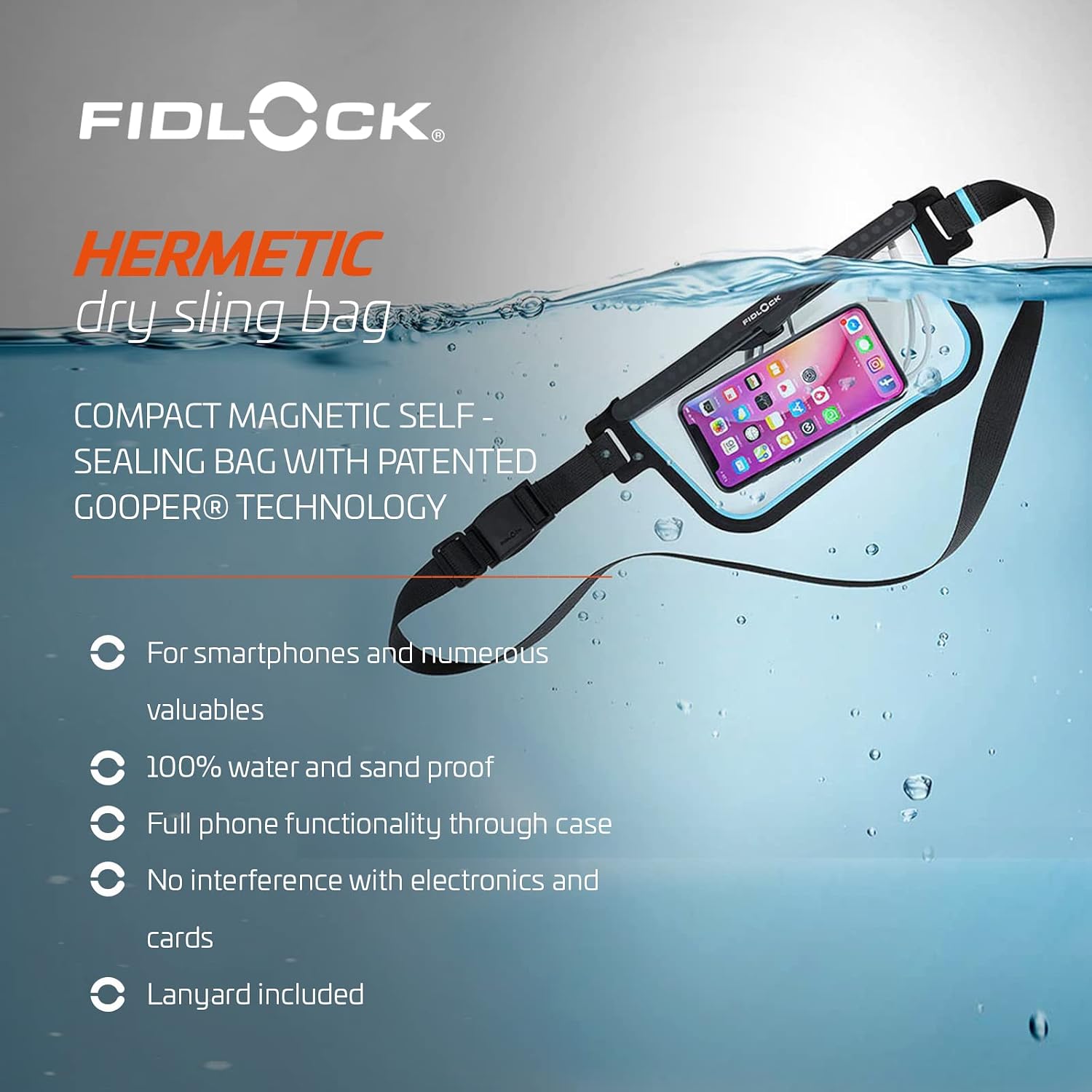 Hermetic Sling Phone Dry Bag, Waterproof Pouch, Transparent Blue | Dry Bag, FIDLOCK Buckle, Magnetic Self-Sealing
