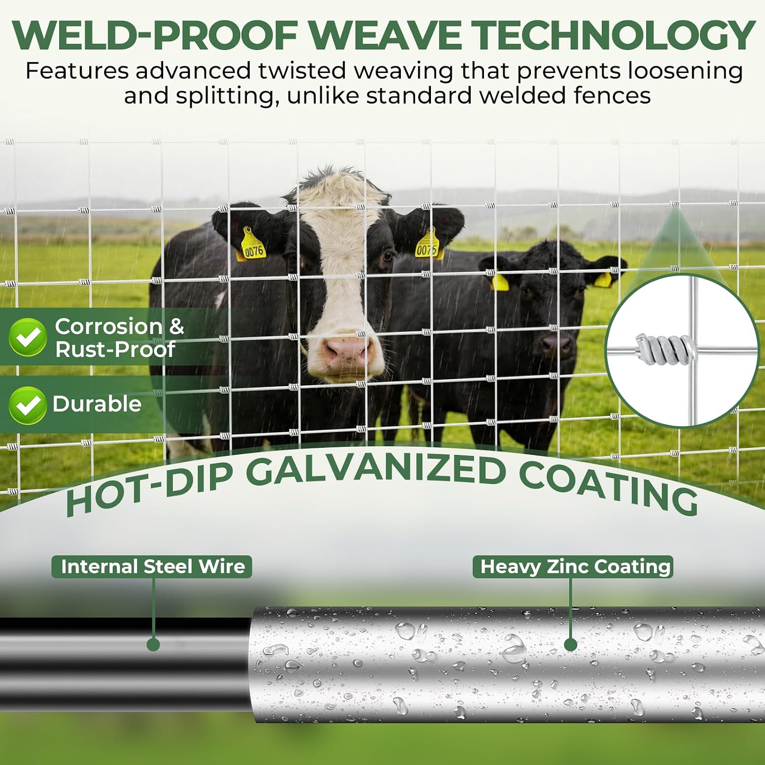 Cattle Fence, Farm Fence 4ft x 164ft - 14 Gauge Galvanized Wire Fence & Chain Link Fence for Hog, Goat, Sheep & Deer;