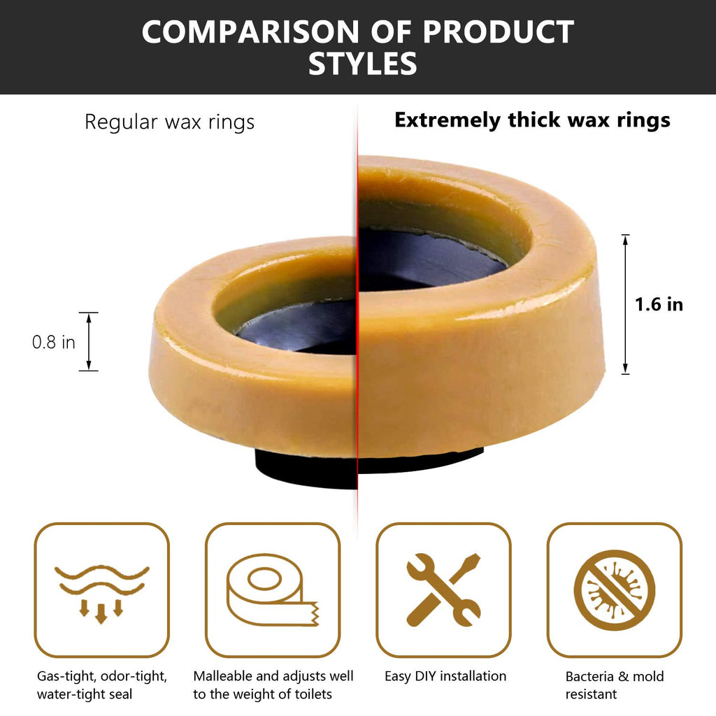 Extra Thick Toilet Wax Ring Replacement Kit with Bolts & Caps, 1.6'' Thick | for Deep Flanges, Fits 3'' or 4'' Lines