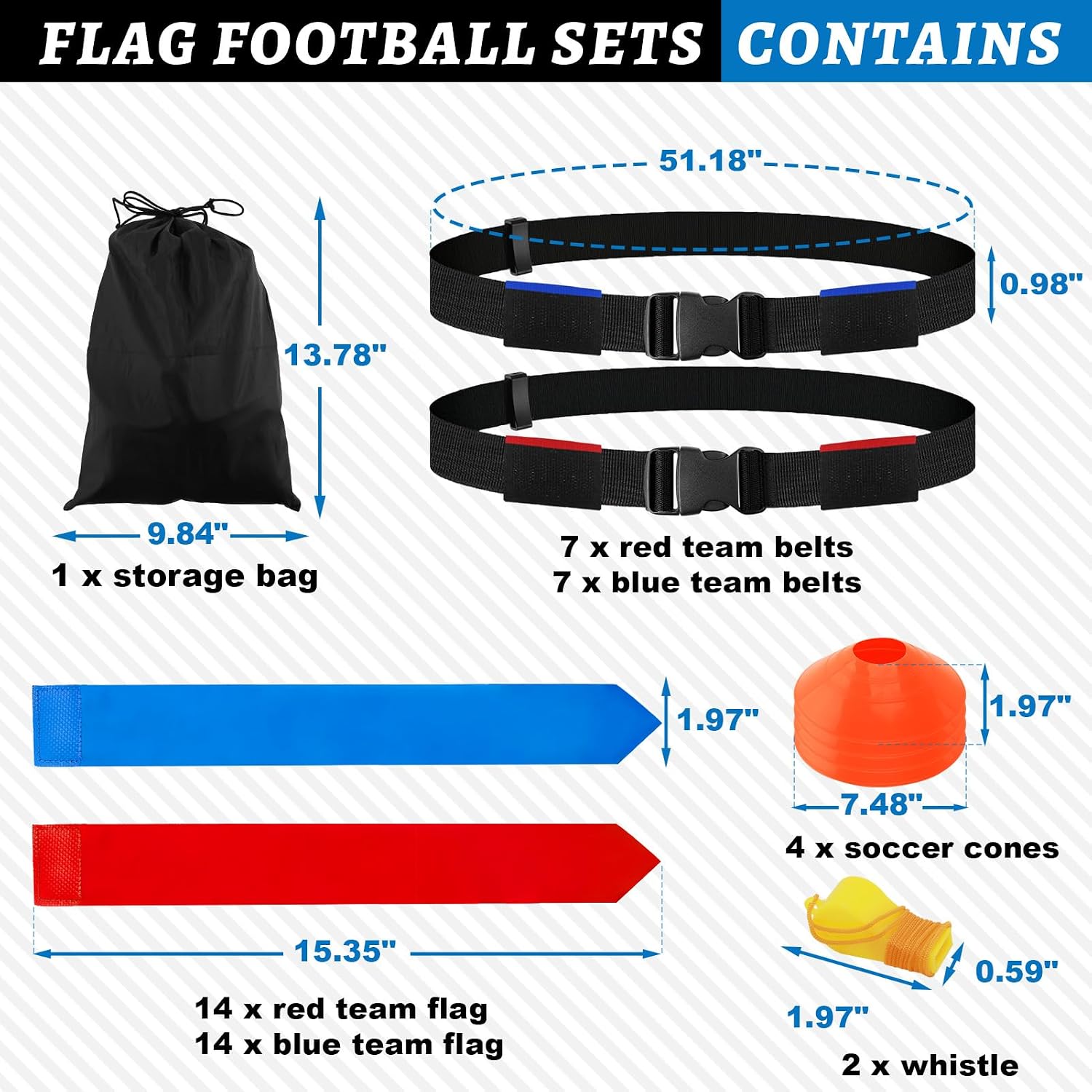 Flag Football Belts Set, 14 Players Adjustable Extended Youth Flag Football Set for Kids, Teens & Adults, Ideal for