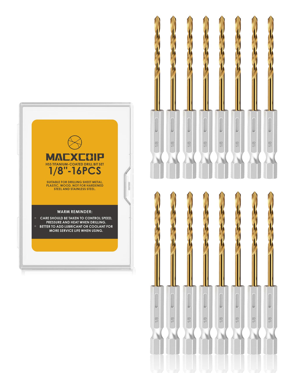MACXCOIP 16Pcs 1/8" Hex Shank Titanium Twist Drill Bit Set