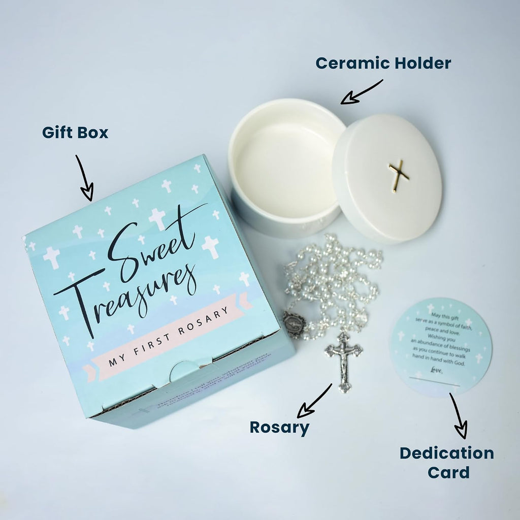 Baptism Gifts for Boys and Girls – White Rosary with Ceramic Keepsake Box and Card