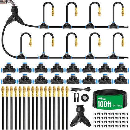 1/4" 100Ft Drip Irrigation System for Garden with 16pcs 360°Adjustable Brass Nozzles & Bendable Rod,Upgraded Watering
