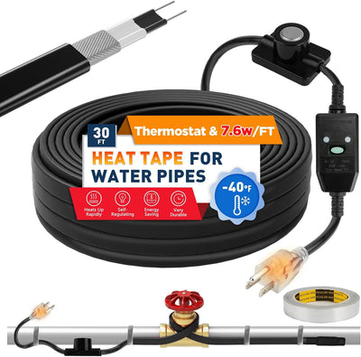 3~100FT Heat Tape for Water Pipes, UL & ETL Certified 30 FT Self-Regulating Pipe Heating Cable with Thermostat for