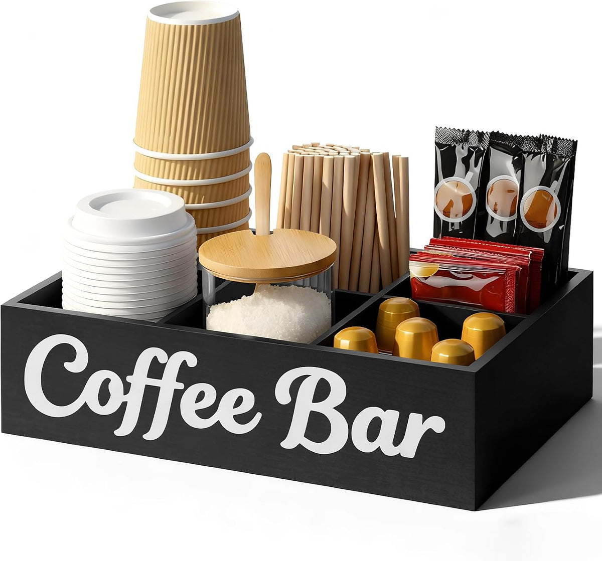 Wood Coffee Station Organizer for Countertop with Removable Dividers