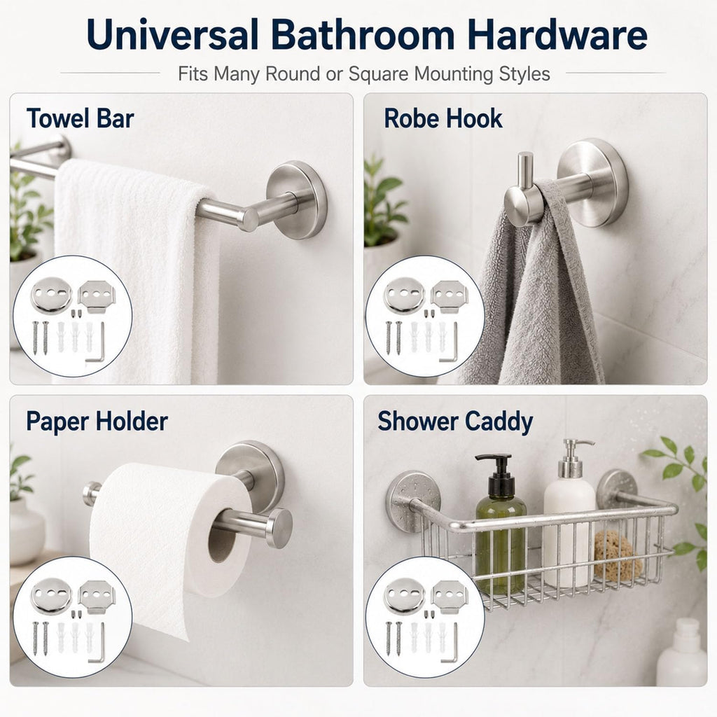 Towel Bar Mounting Hardware Universal Stainless Steel Bracket 1 Set | 2 Round and 2 Square Bases, Stainless Steel