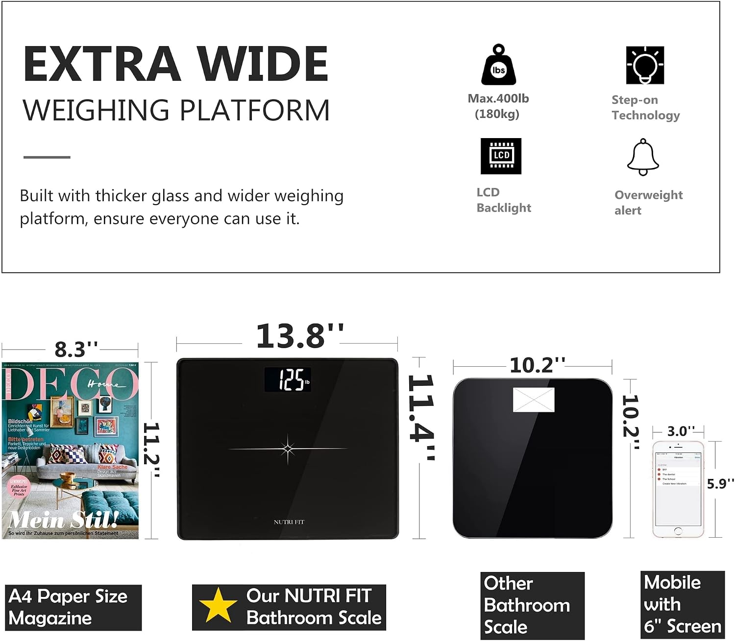 Extra-Wide Ultra-Thick Digital Body Weight Bathroom Scale Black | 0.1lb Discrepancy, 400lb Capacity, 3'' Easy Read