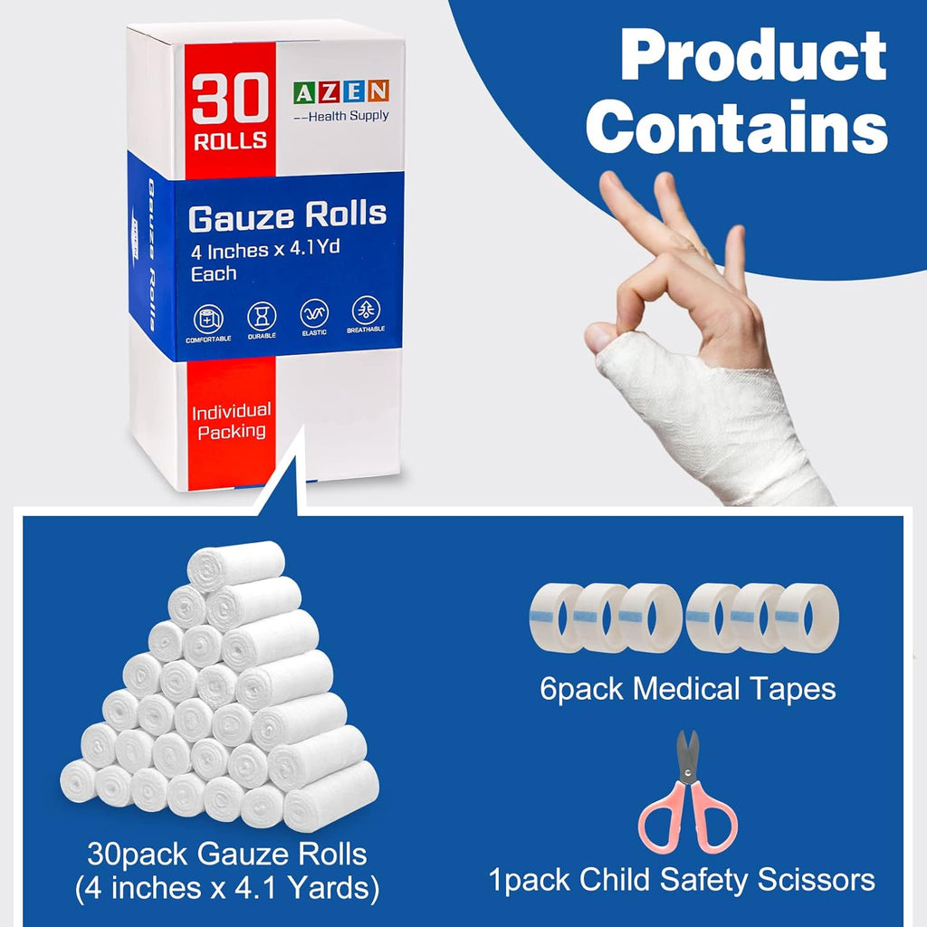 30 Pack Gauze Rolls Bandages, 4 in x 4.1 Yards, Premium Medical Supplies & First Aid Supplies, Bandage Wrap Vet Wrap