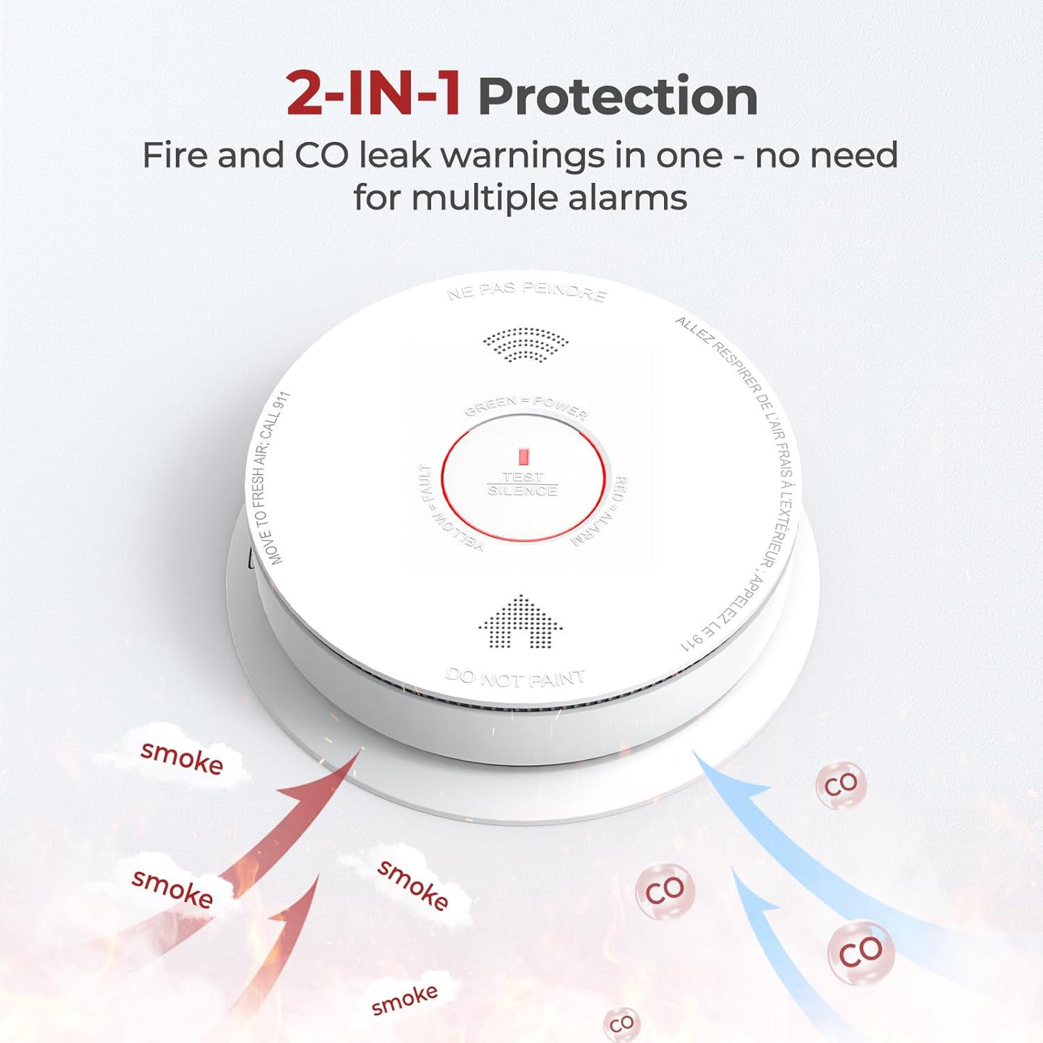 Smoke Detector Carbon Monoxide Detector Combo 10 Year Battery with Bilingual Voice Alerts,Fire Smoke & Carbon