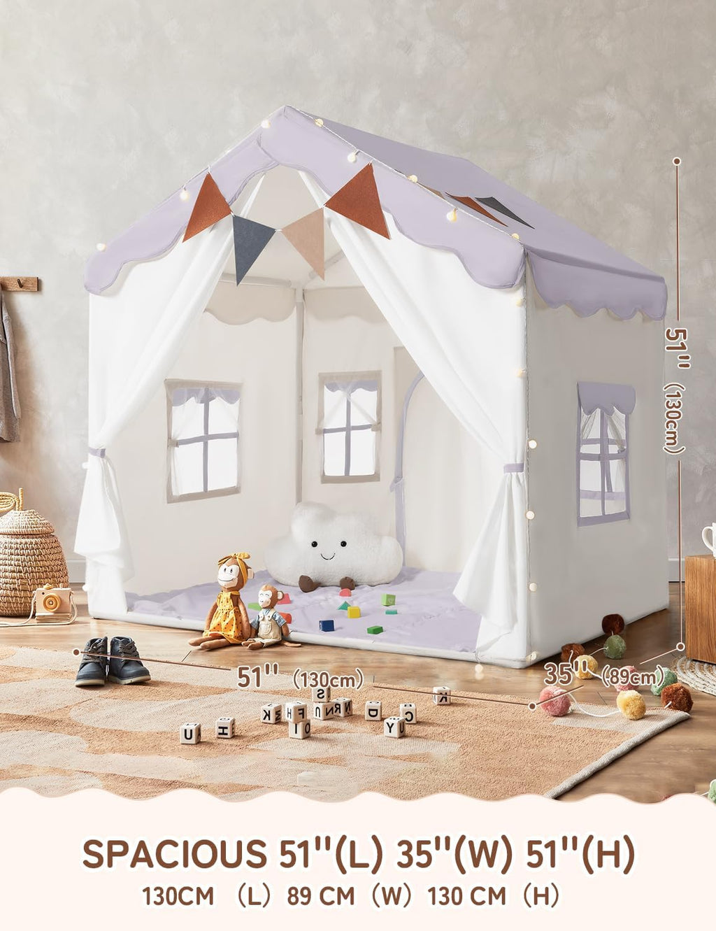 Kids Play Tent 2 in 1 with Padded Mat and Lights, Large Kids Playhouse with 2 Doors & 4 Windows, Indoor & Outdoor