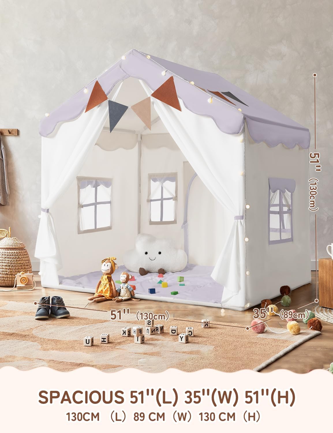 Kids Play Tent 2 in 1 with Padded Mat and Lights, Large Kids Playhouse with 2 Doors & 4 Windows, Indoor & Outdoor