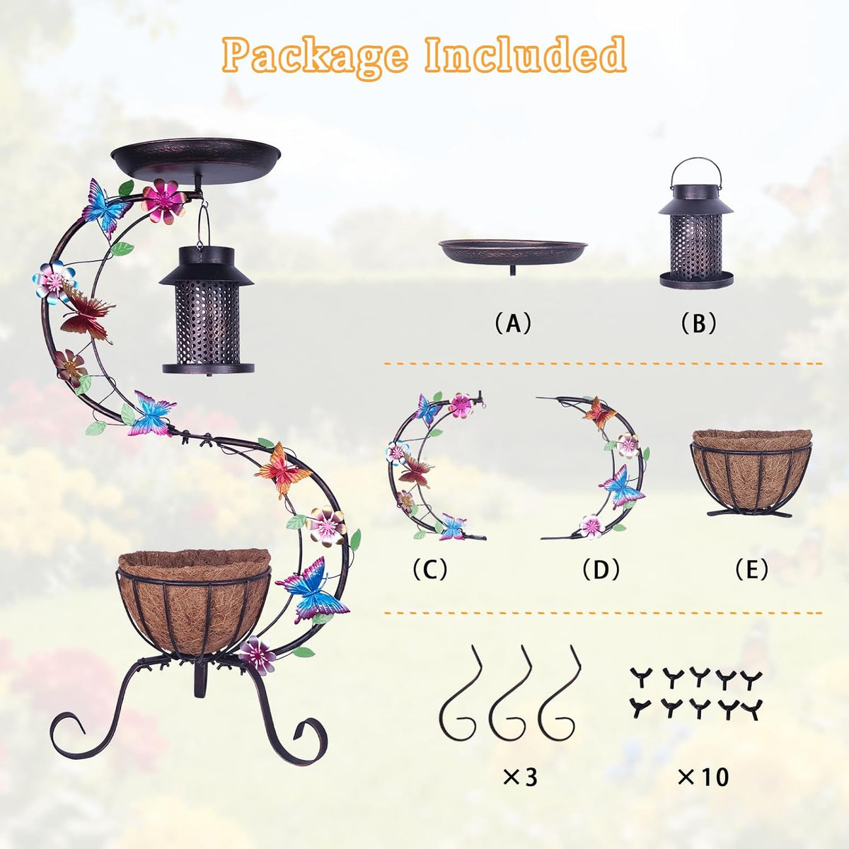 3-in-1 Vintage Bird Bath & Detachable Hanging Bird Feeder with Flower Planter, Metal Heavy Duty Outdoor Birdbath