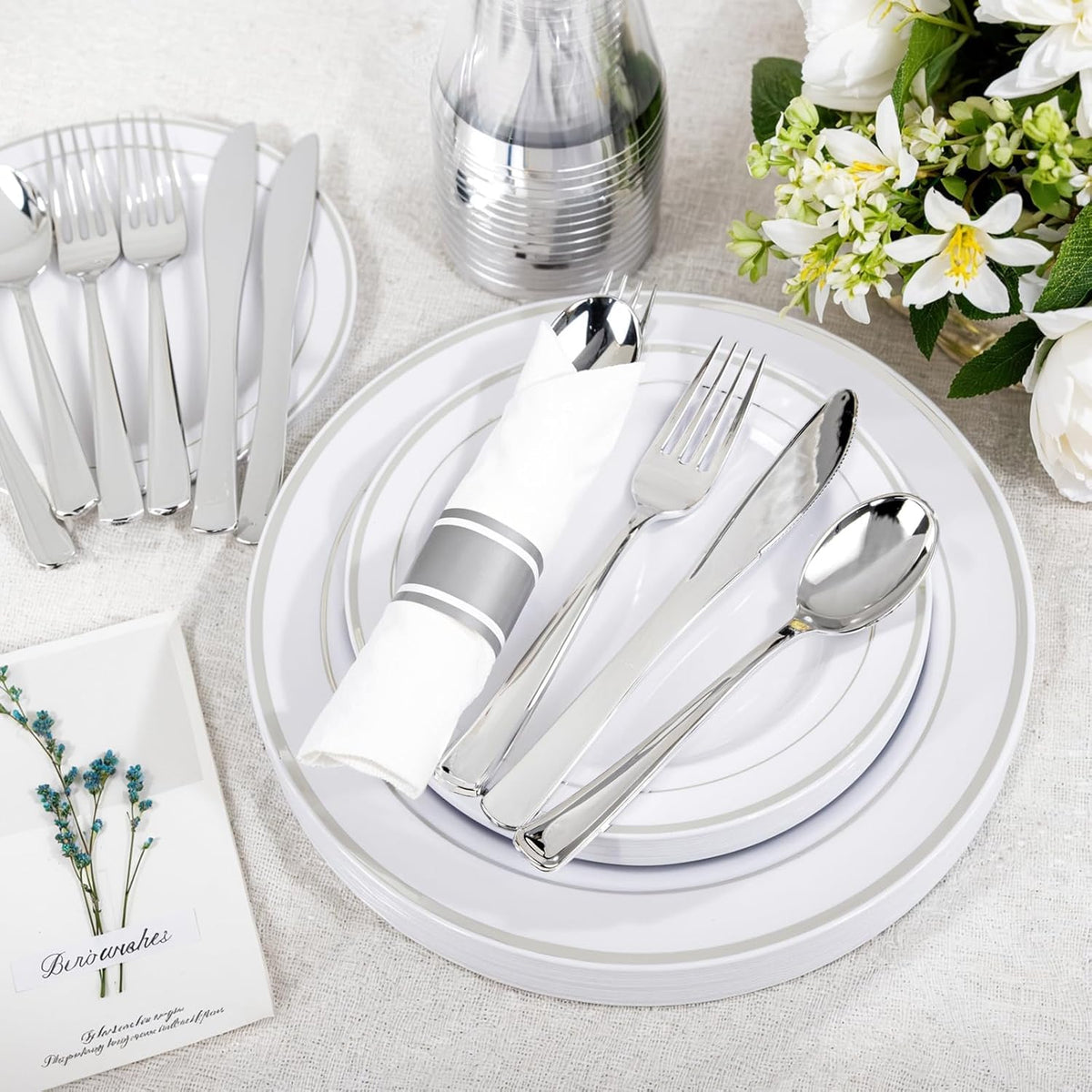 350-Piece Silver Plastic Dinnerware Set - Disposable 10.25" Dinner Plates, 7.5" Dessert Plates, 9oz Silver Rim Cups &
