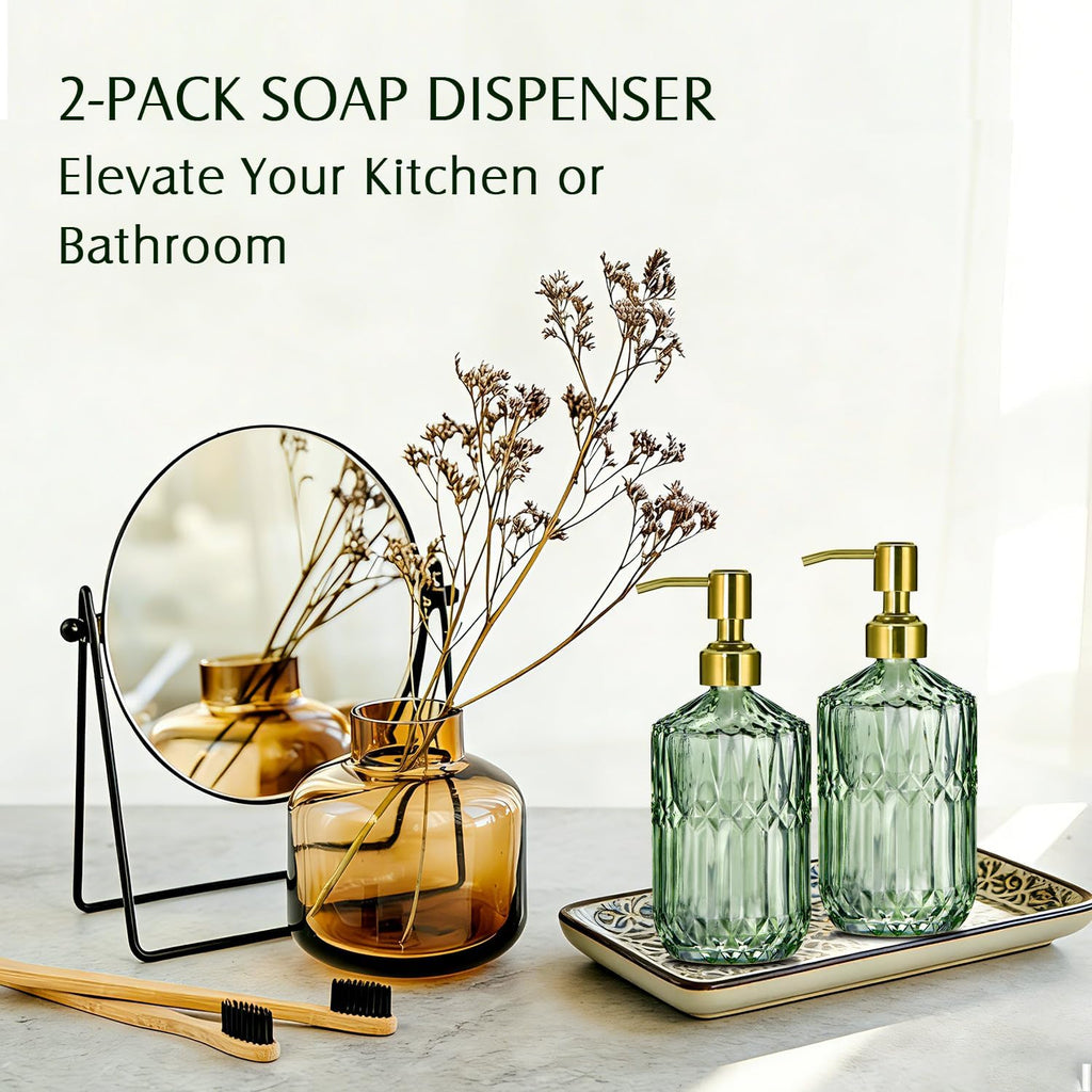 17 Oz Green Glass Kitchen Soap Dispenser for Dish Soap, 2 Pack Bathroom Soap Dispenser Set with Gold Rust Proof Pump