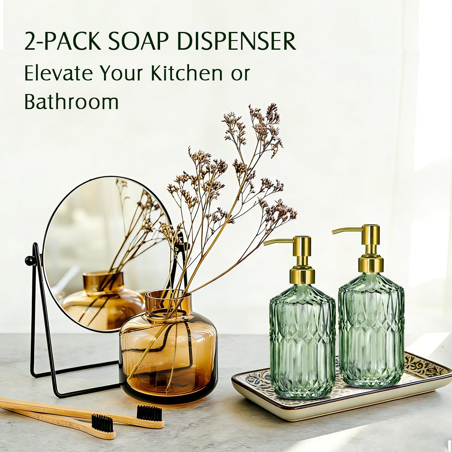 17 Oz Green Glass Kitchen Soap Dispenser for Dish Soap, 2 Pack Bathroom Soap Dispenser Set with Gold Rust Proof Pump