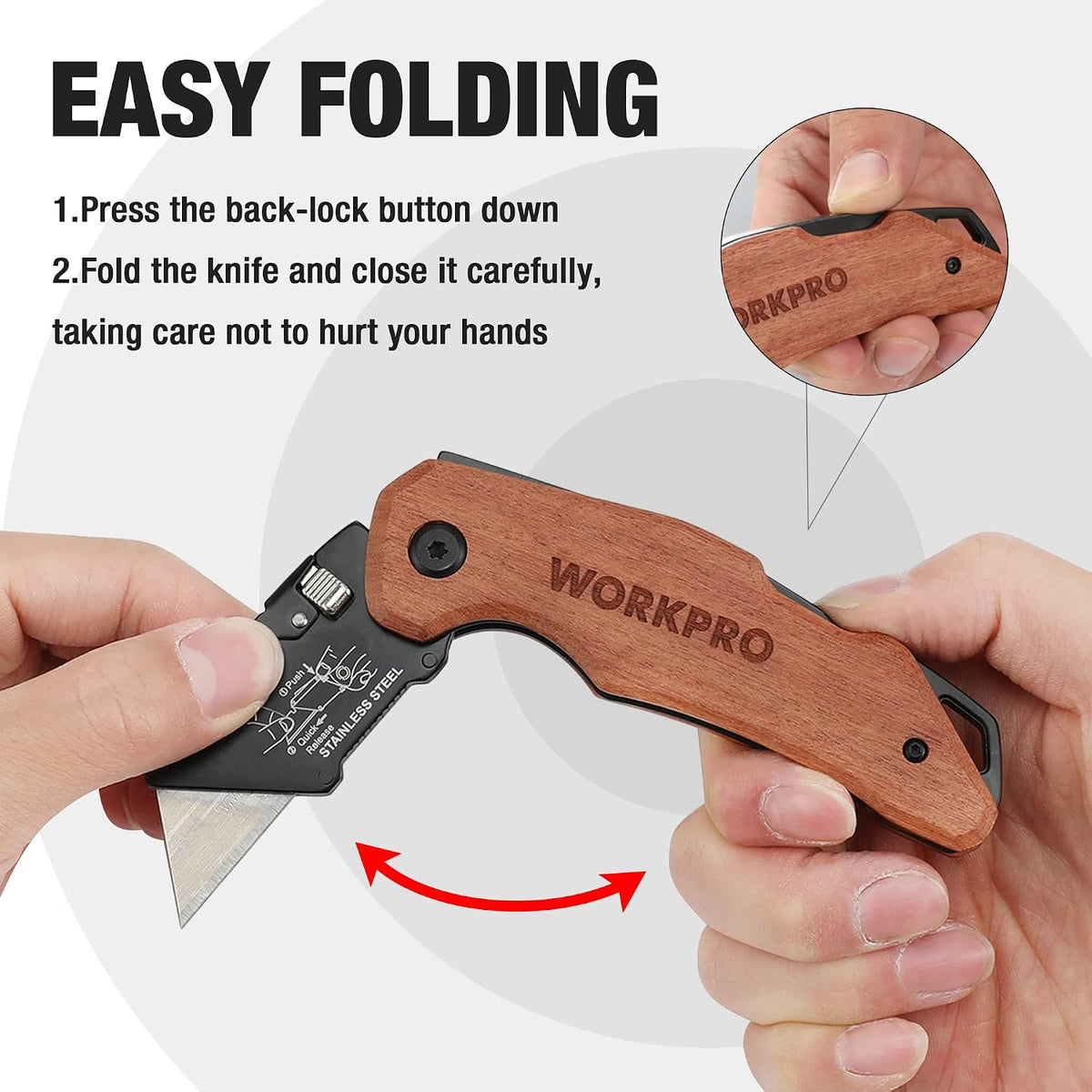 Folding Utility Knife with Stainless Steel Head, Quick-change Blade & Back Lock, Wood Handle Heavy Duty Box Cutter