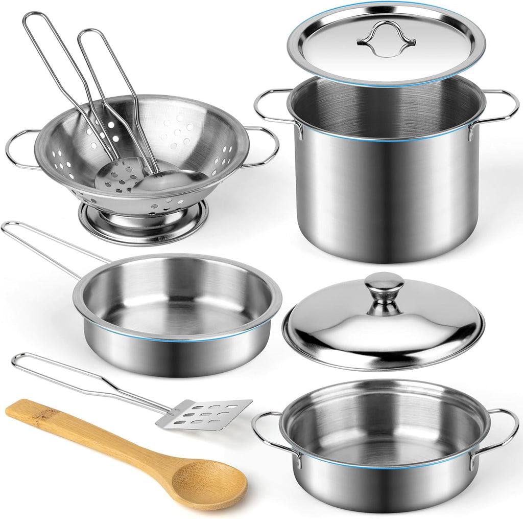 Kitchen Pretend Play Toys with Stainless Steel Cookware Pots and Pans Set, Cooking Utensils, Apron & Chef Hat