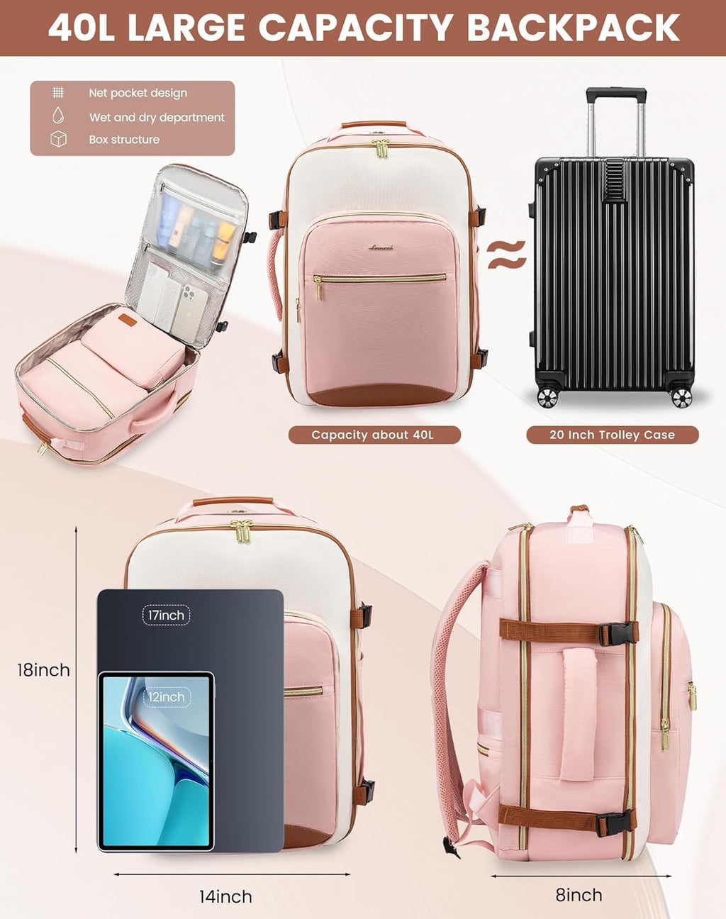 40L Travel Backpack for Women & Men, Airline Approved Carry On Luggage with 3 Packing Cubes, TSA Overnight Bags