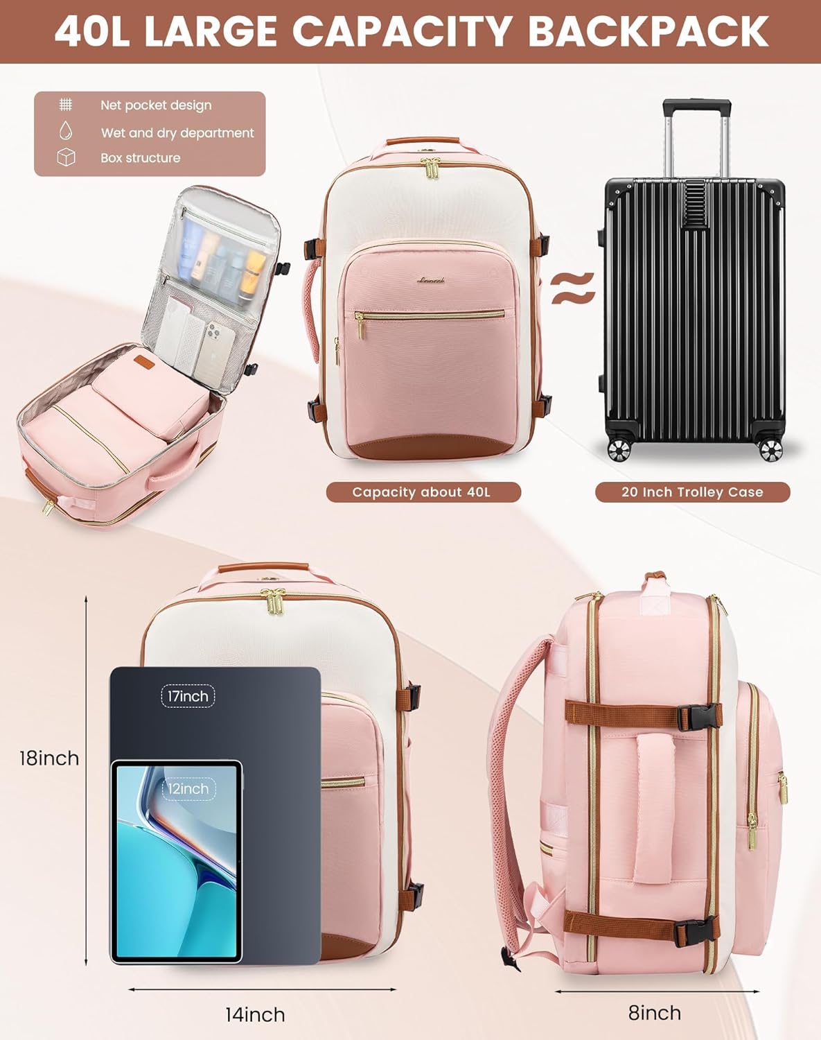 40L Travel Backpack for Women & Men, Airline Approved Carry On Luggage with 3 Packing Cubes, TSA Overnight Bags