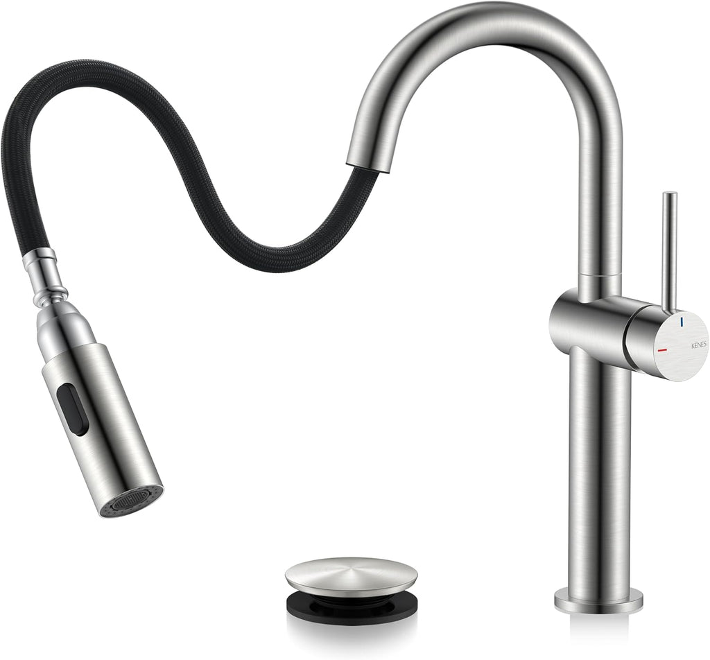 Pull Down Bathroom Faucet 1 Handle, Brushed Nickel Vessel Sink Faucet