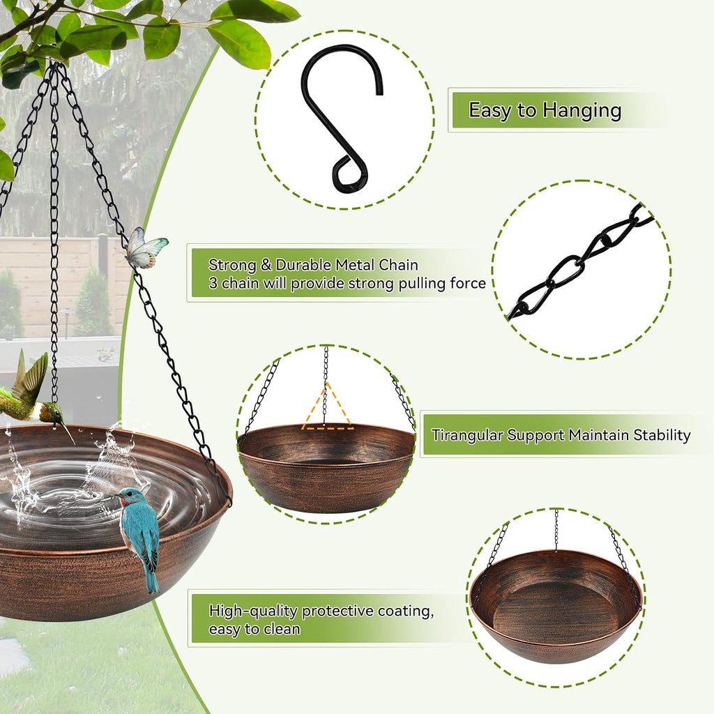 13" Metal Hanging Bird Bath with Chains and Hook