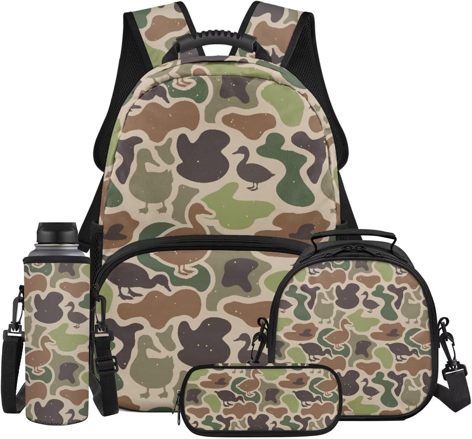 Duck Camo Backpack for School Boys 8-12 with Lunch Box, Pencil Case and Water Bottle Sleeve, 4-Piece 17 Inch
