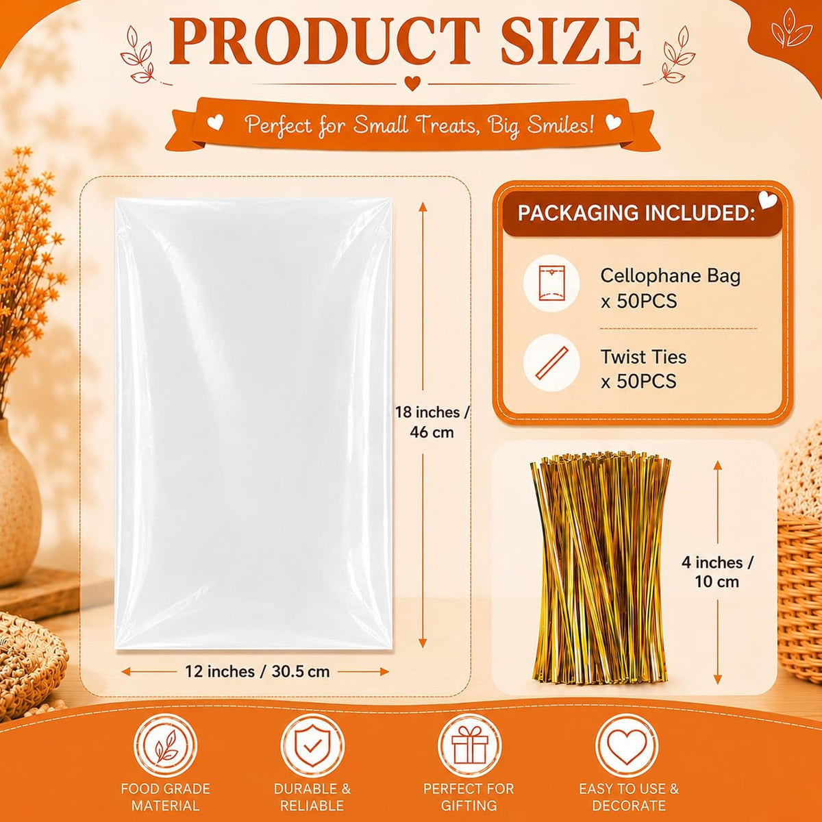 Clear Cellophane Gift Bags with Twist Ties, 12x18 Inches, 50 Pack