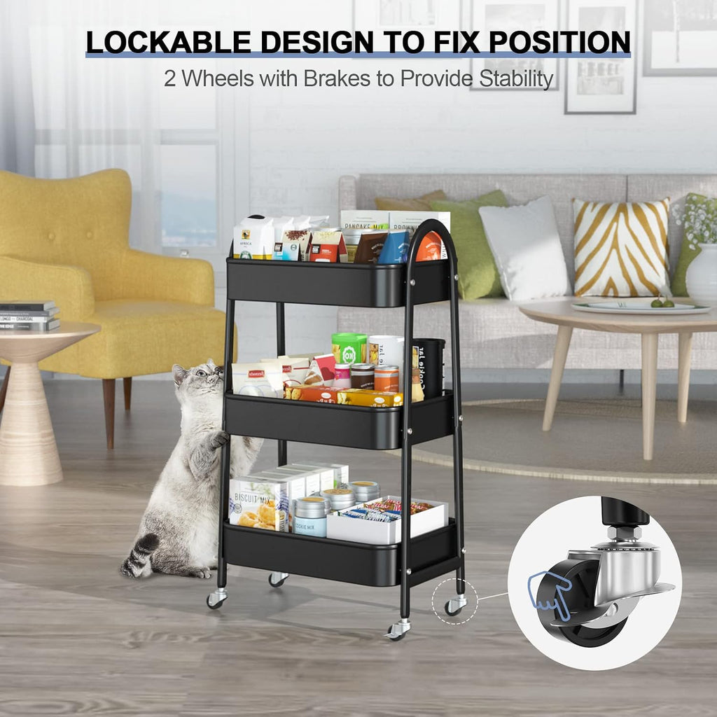 3 Tier Utility Rolling Cart, Metal Storage Cart with Handle and Lockable Wheels, Multifunctional Storage Organizer