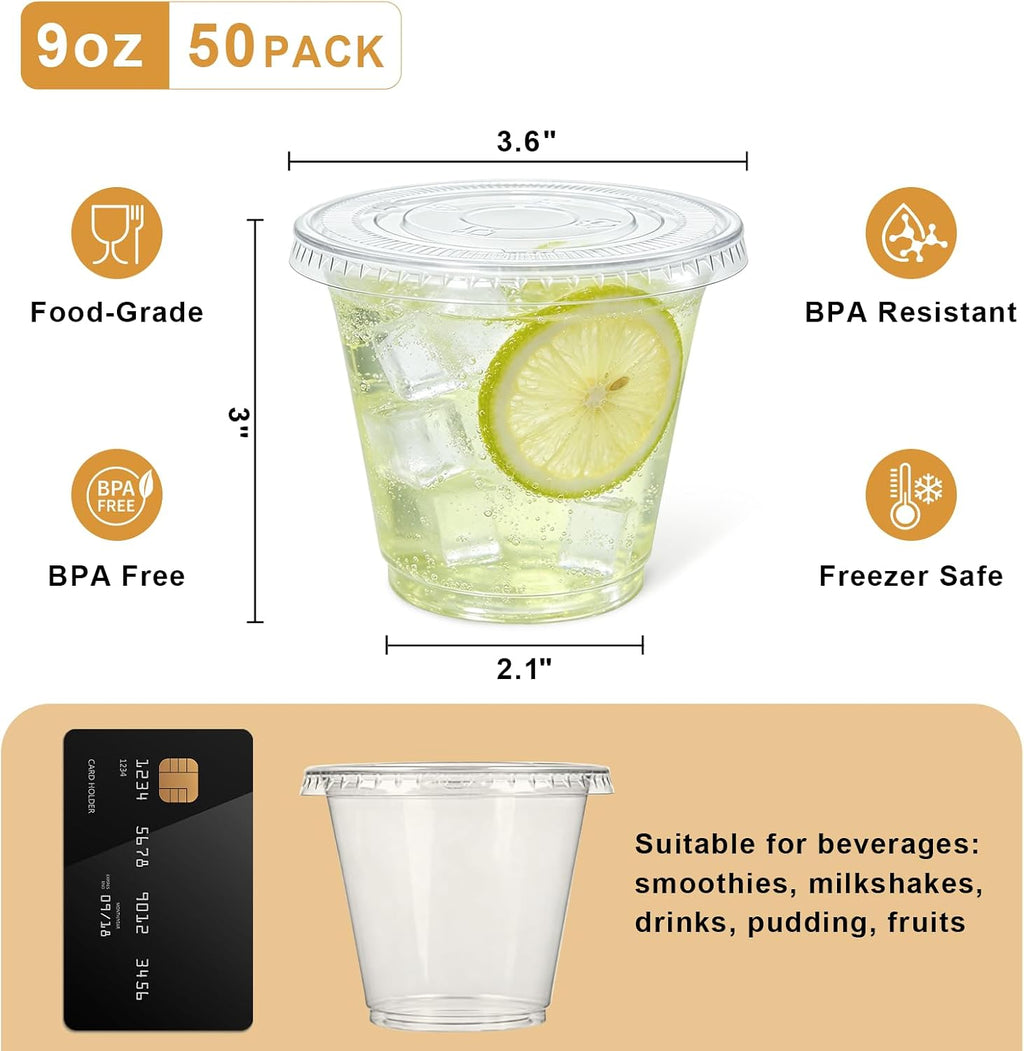 9 oz Clear Plastic Cups with Lids 50 Sets