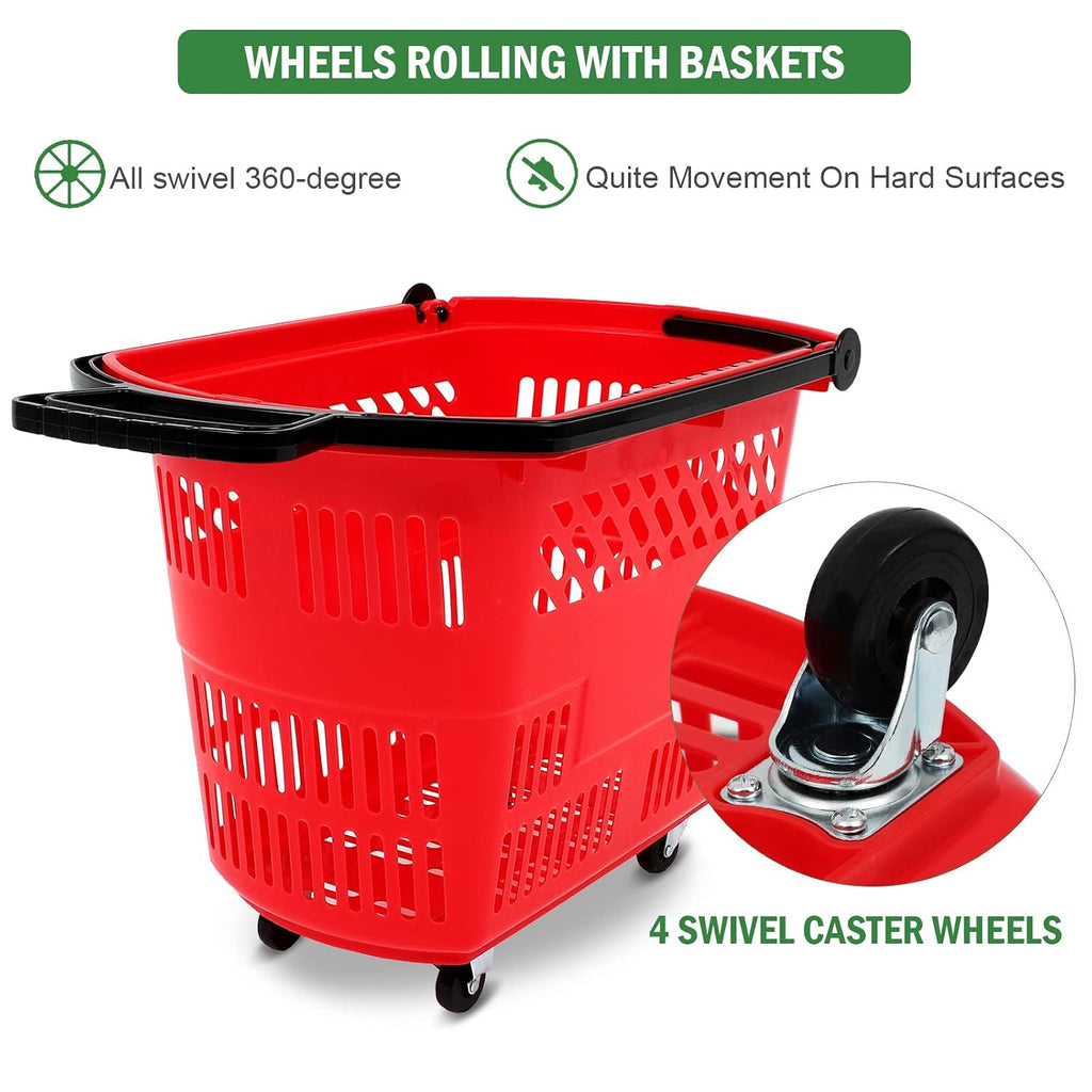 Red Shopping Carts with Wheels, 6PCS 35L Portable Shopping Baskets | Grocery Basket with Handles for Supermarket