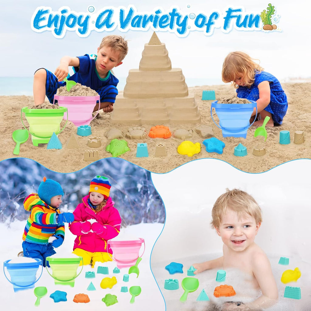 Beach Toys with 3 Collapsible Buckets, Mesh Bag for Kids Ages 3-12 | Sand Castle Building Kit and Sand Molds for