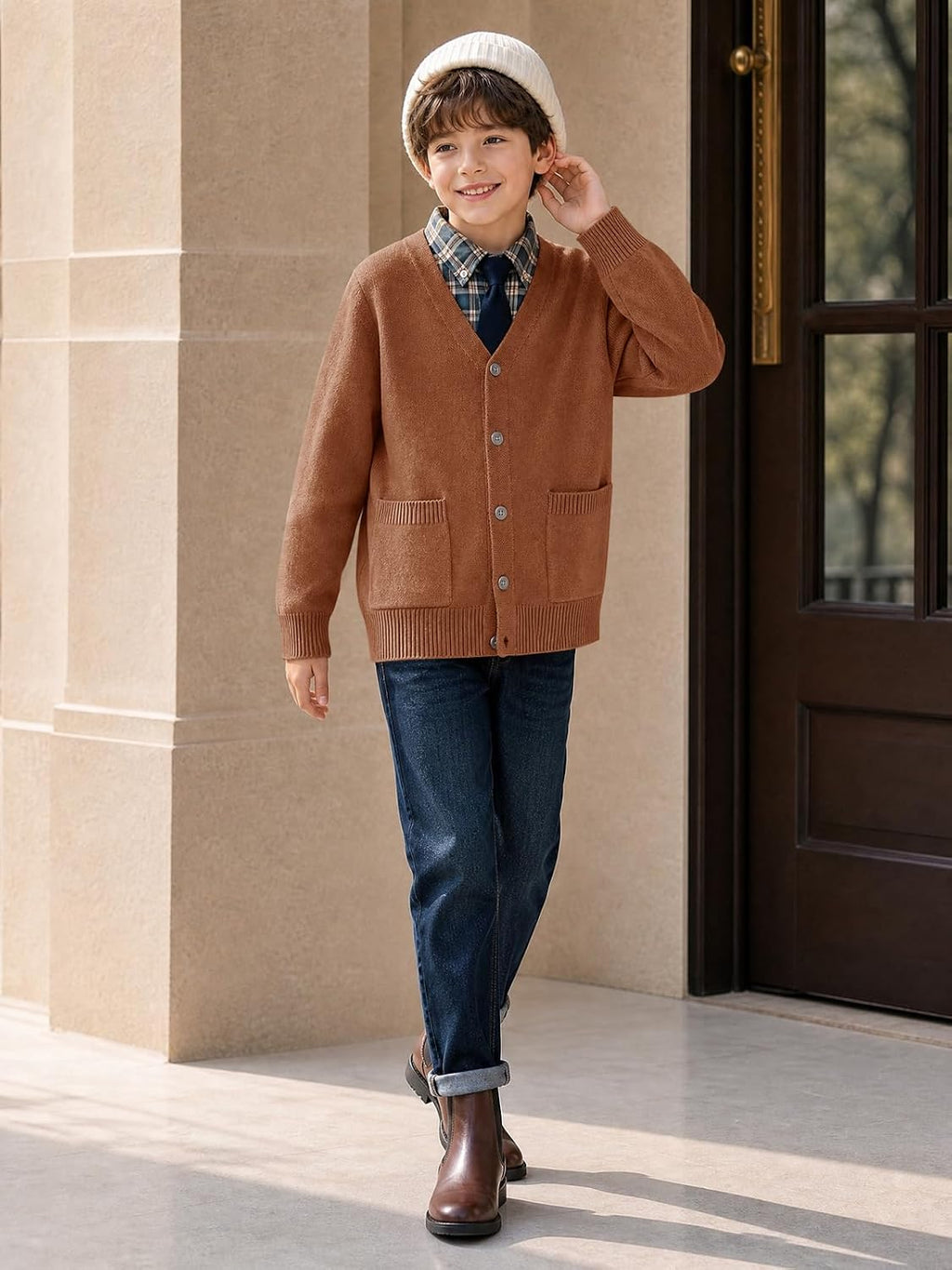 Boys Cardigan Sweater V Neck Button Down Uniform Sweater 5-14Y | Boys Youth School Uniform Cardigan Sweaters with