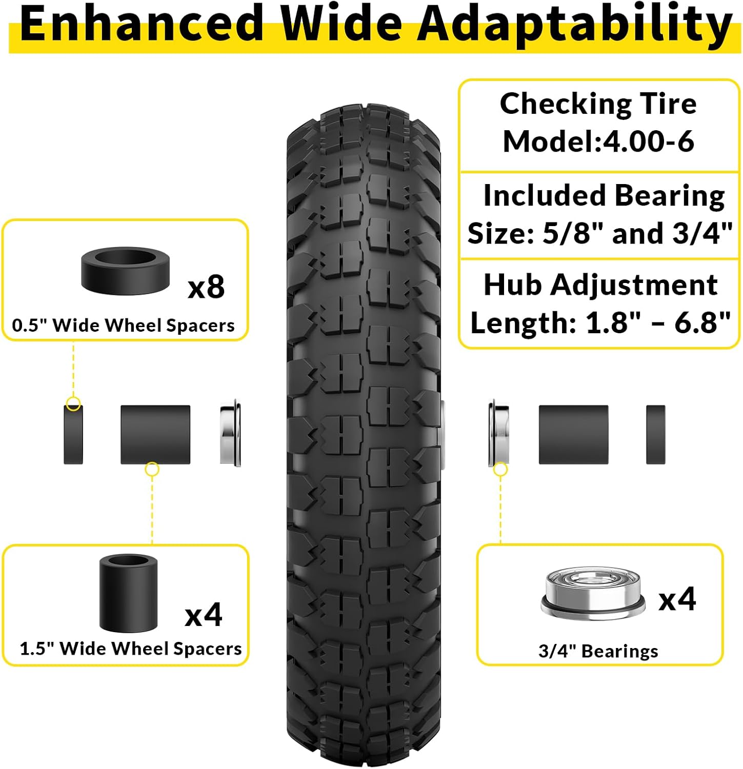 4.00-6 Flat Free Tire and Wheel, 13 Inch Solid Garden Wheelbarrow Tires, 300Lbs with 5/8" & 3/4" Axle Hole, 1"-3.5"