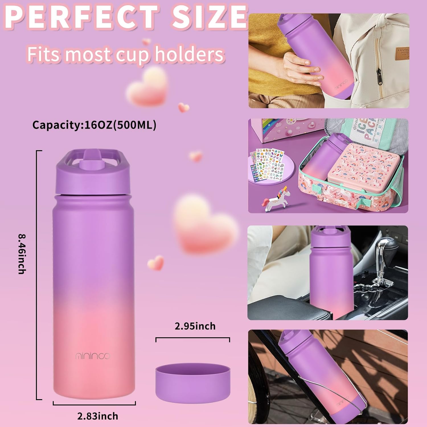 Kids Water Bottle for School, 16oz Stainless Steel Insulated Water Bottle Kids with Straw Lid for Girls, Boys