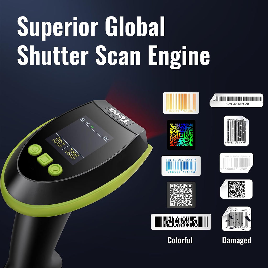 Barcode Scanner 2D Wireless with Screen: Charging Cradle HW0009 Green | 3-Button Color Screen, Works with Bluetooth