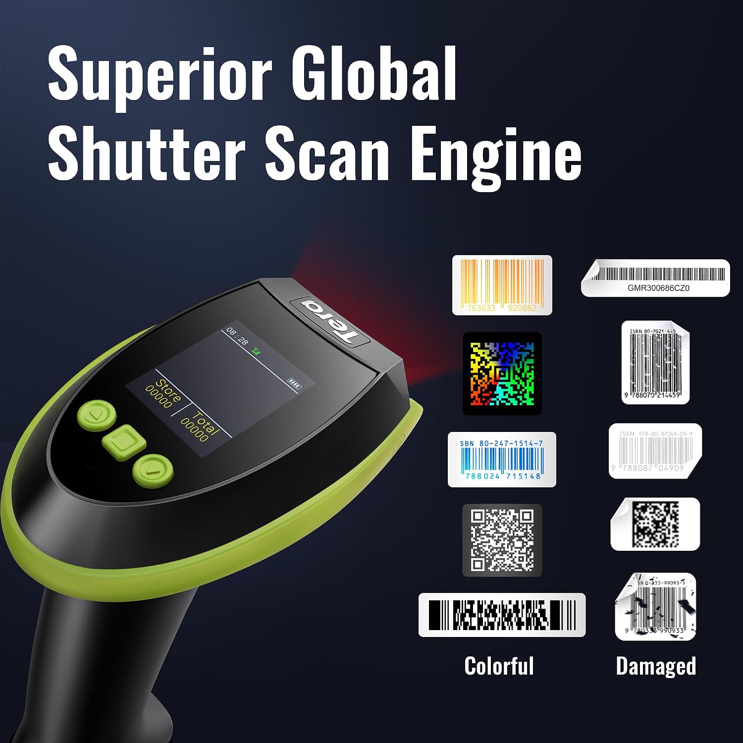 Barcode Scanner 2D Wireless with Screen: Charging Cradle HW0009 Green | 3-Button Color Screen, Works with Bluetooth