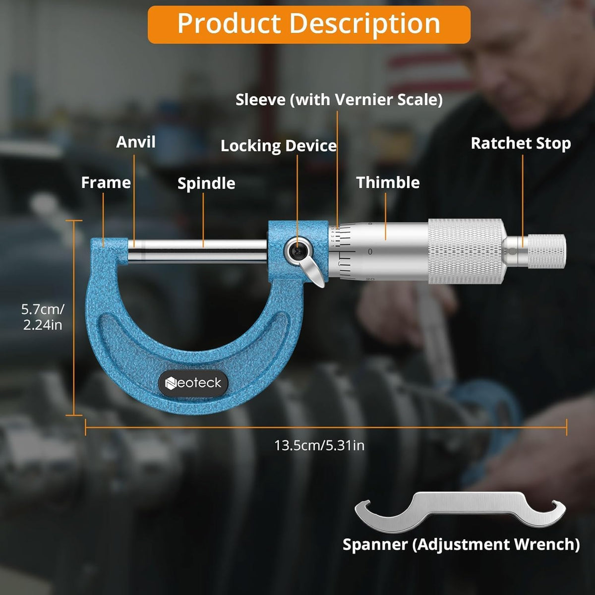 Neoteck 0-1" Outside Micrometer 0.0001" Resolution Carbide-Tipped Anvils