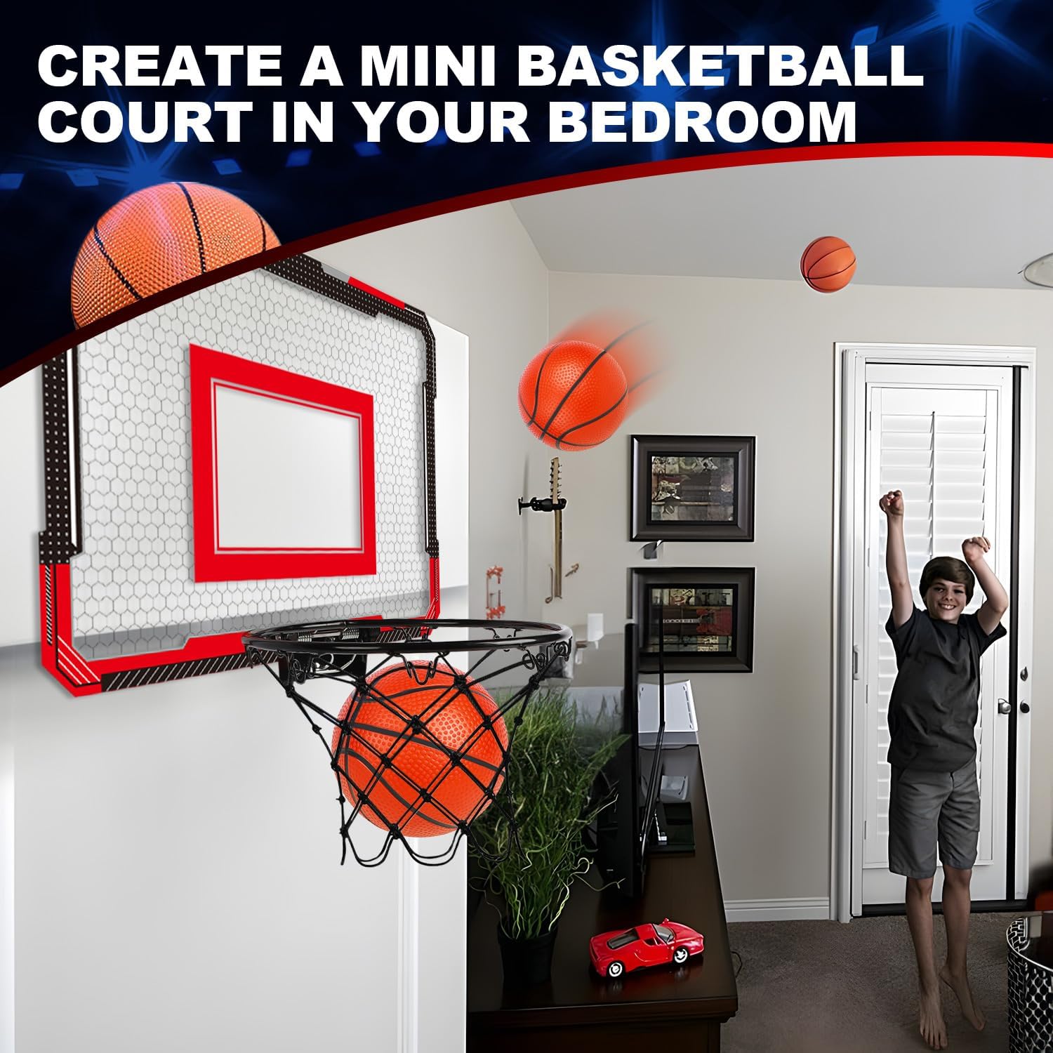 Over-the-Door Basketball Hoop with 4 Balls, Ages 3-12 | 15.75 x 11.42 in backboard, bedroom or office play, pump
