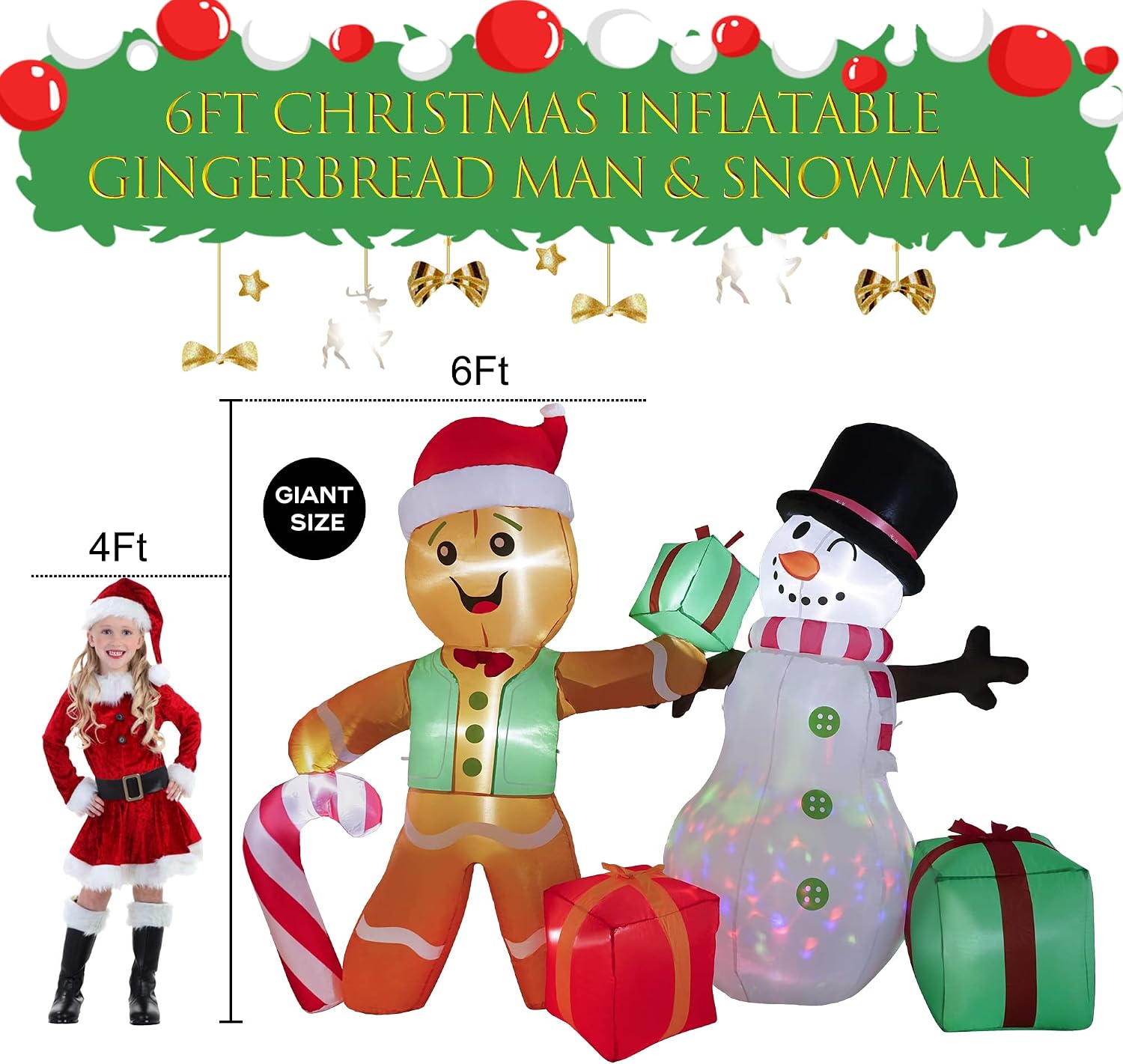 6 FT Christmas Decorations Outdoor Inflatables Gingerbread Man Snowman Blow Up Yard Decor, Outdoor Inflatables