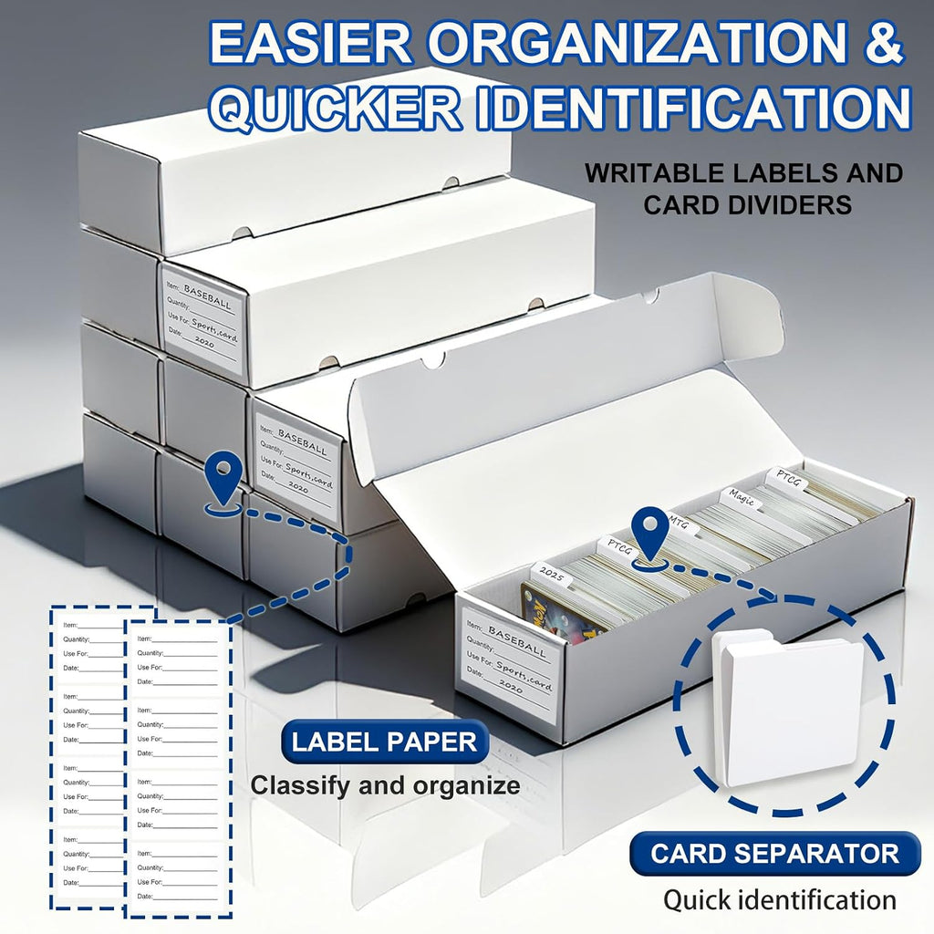 Trading Card Storage Box | 6 Pack • 1100 Count Bulk Card Storage Box | with Dividers | White Corrugated Cardboard