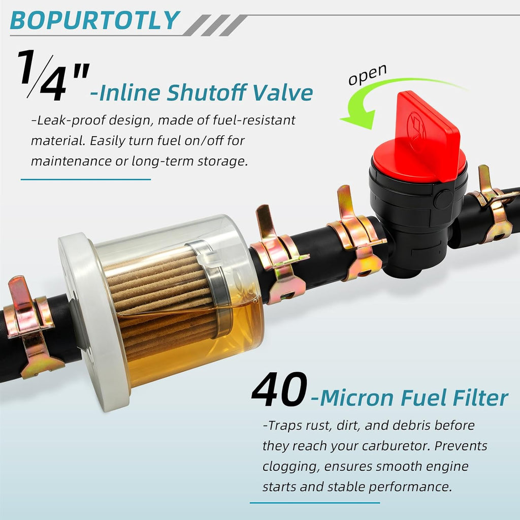 494768 698183 1/4" Fuel Shut Off Valve +1/4" x 25" Fuel Line Hose + Inline Fuel Filter with clamp Compatible with Murray Toro Lawn Tractor